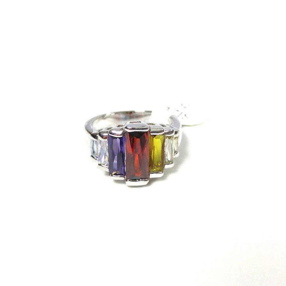 Silver Rainbow Baguette Crystals Ring Rhodium SZ5